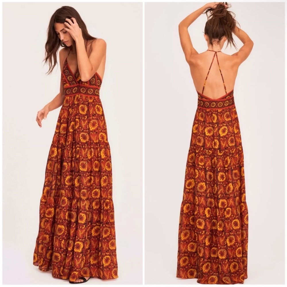BA&SH Kemi Silk Dress Orange Printed Boho Voile Papaya Slit Maxi Gown Large NEW